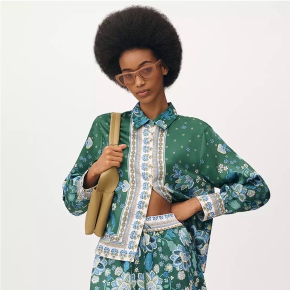 Anthropologie Tops - Maeve Anthropologie Boho Long Sleeved Scarf Blouse in a Green Pattern NWT
